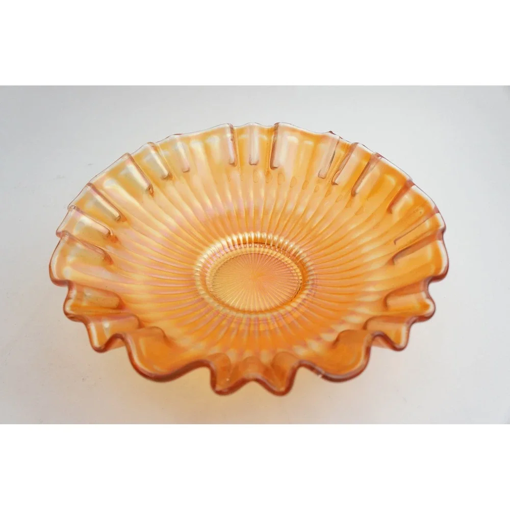 Northwood Glass Carnival Ruffled Glass Bowl & Cattails‎ Tumbler Set Marigold EUC